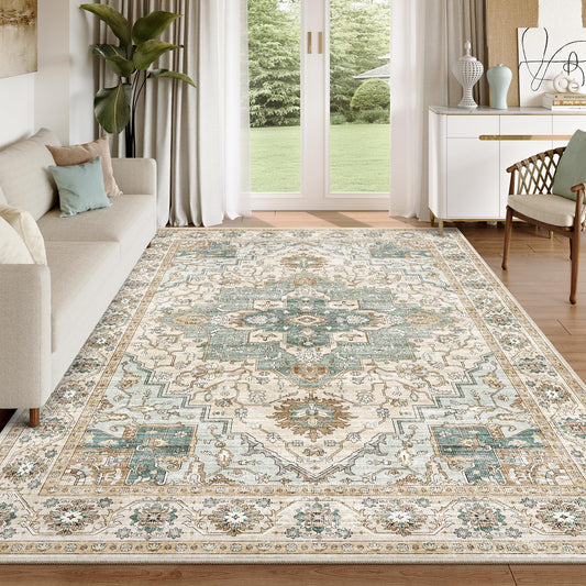 xilixili 5x7 Area Rug for Living Room, Non Slip Vintage Machine Washable Rug, Foldable Stain Resistant Large Area Rugs for Bedroom, Soft Indoor Boho Carpet for Home Decor (Green/Beige, 5'x7')