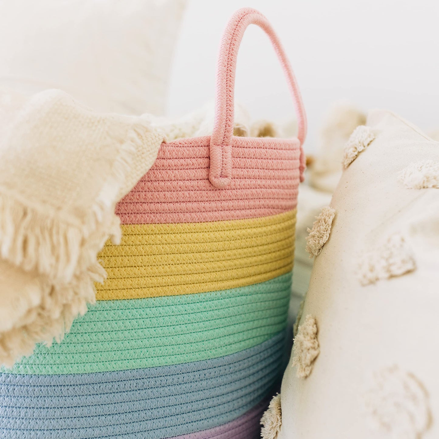 OrganiHaus Rainbow Toy Basket & Blanket Storage Bin, Nursery 20x13"