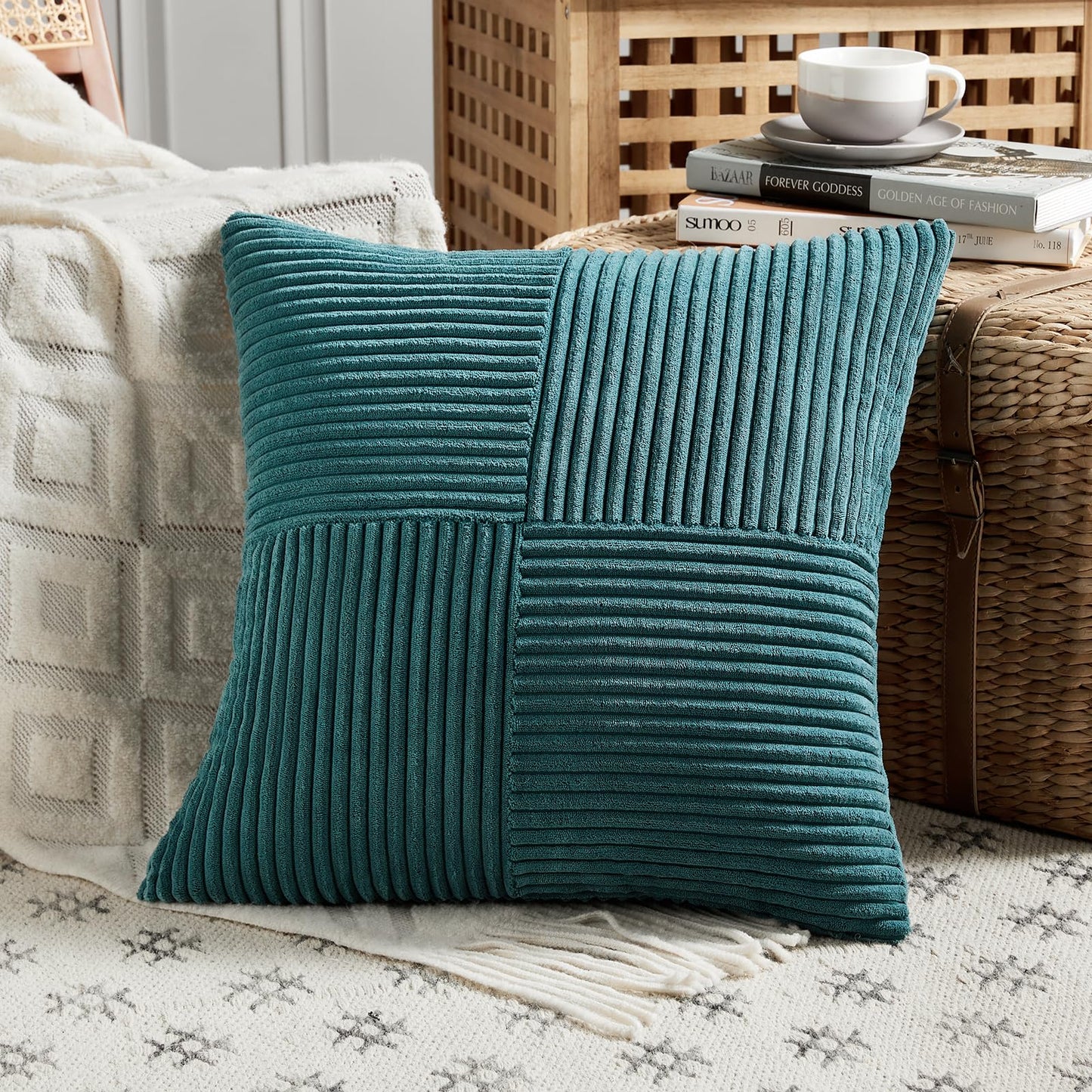 Fancy Homi 2 Packs Teal Decorative Throw Pillow Covers 20x20 Inch for Living Room Couch Bed Sofa, Rustic Farmhouse Boho Home Decor, Soft Corss Corduroy Patchwork Accent Square Cushion Case 50x50 cm