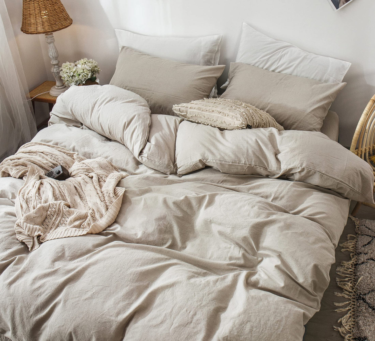 MooMee Bedding Duvet Cover Set 100% Washed Cotton Linen Like Textured Breathable Durable Soft Comfy (Heathered Tannish Linen Grey, King 104"x90")