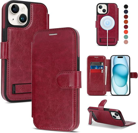 CIVICASE for iPhone 13/iPhone 14 Wallet Case with Stand,PU Leather Flip Credit Card Holder Slots (RFID Blocking),Compatible with Magsafe Magnetic Holder Phone Cover Women Men,Wine Red
