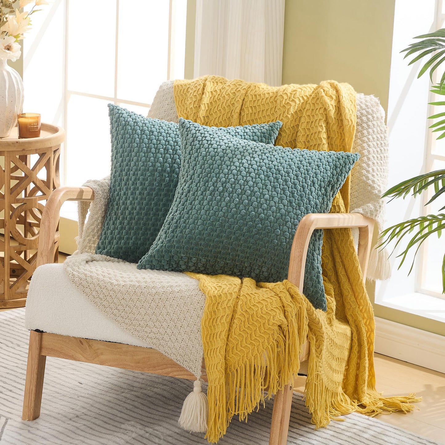 GAWAMAY Decorative Throw Pillow Covers 18x18 Inch Set of 2 for Living Room Couch Bed Sofa, Farmhouse Square Cushion Cover Soft Striped Corduroy Pillow Cases Boho Accent Home Decor (45x45cm) Blue Green