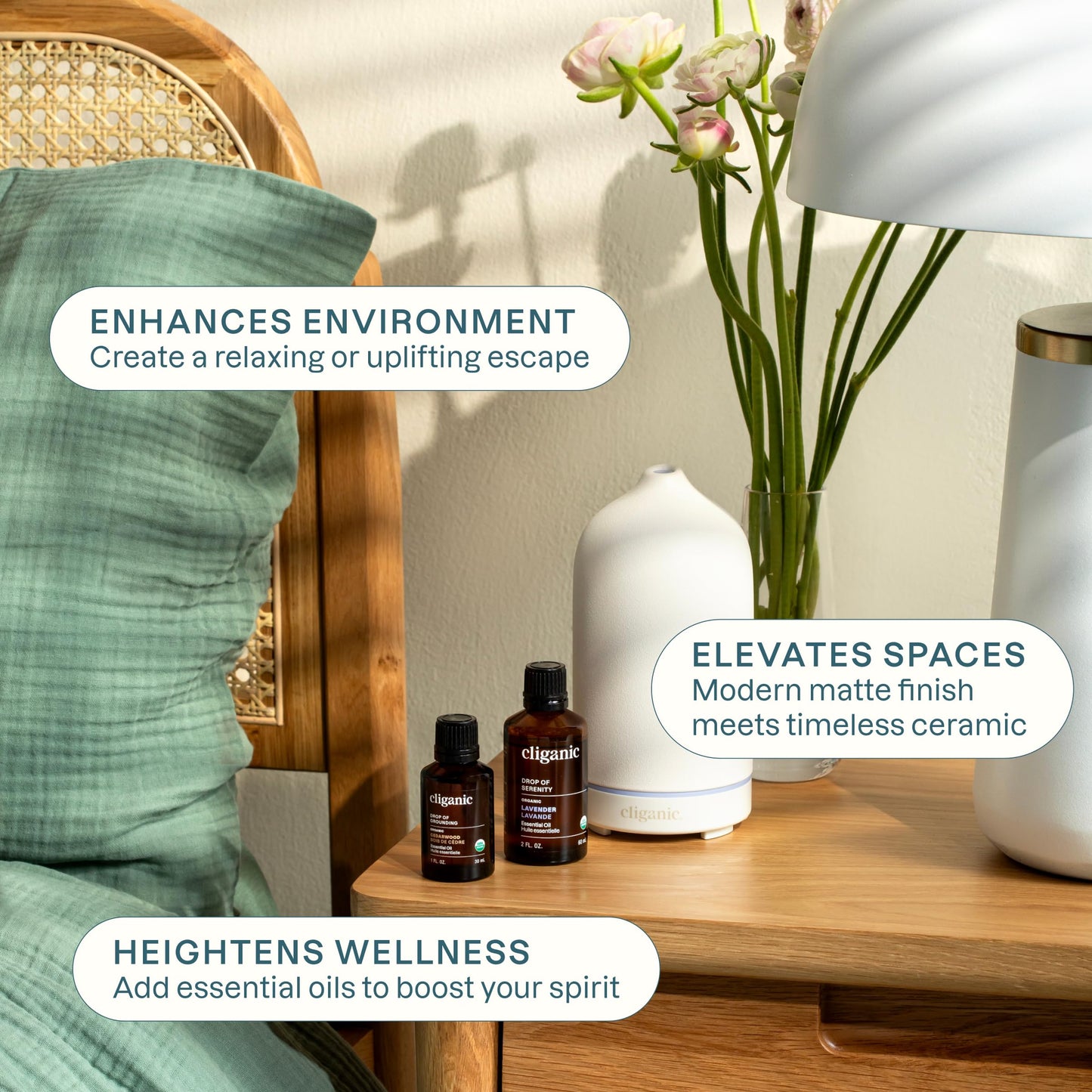 Cliganic Ceramic Diffuser (Black), 100ml Ultrasonic for Essential Oils Aromatherapy, Home & Office