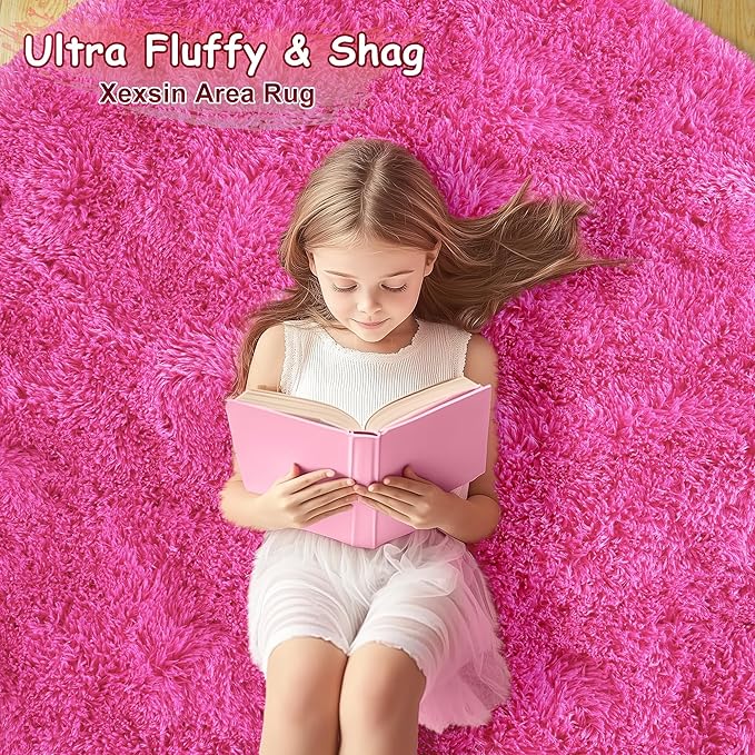 Round Fluffy Rugs 7Ft for Girls Bedroom, Hot Pink Shag Circle Kids Rug Non-Slip for Bedside Dorm Nursery Playroom, Soft Cute Area Rugs for Living Room Decor
