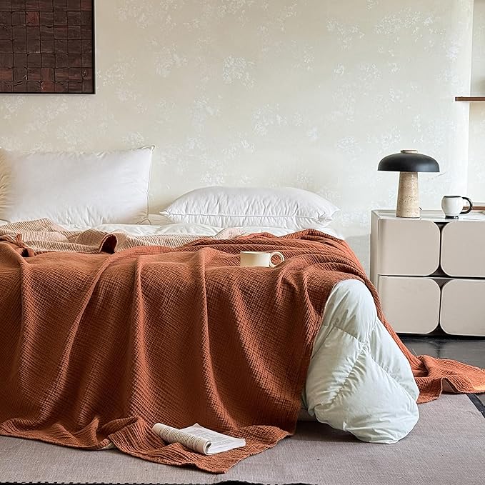 FALUCA Cotton Muslin Reversible Blanket Queen Size for Bed, Couch, Four Layers Blanket, Soft Lightweight Cozy Breathable Farmhouse Decoration for All-Season, Camel
