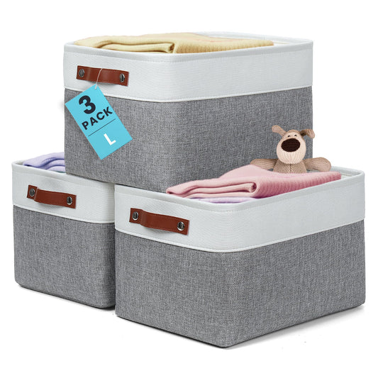 OrganiHaus 15x11in Canvas Storage Baskets 3 Pack | LARGE Fabric Bins for Shelves | Closet & Bedroom Storage | Gray/Off-White