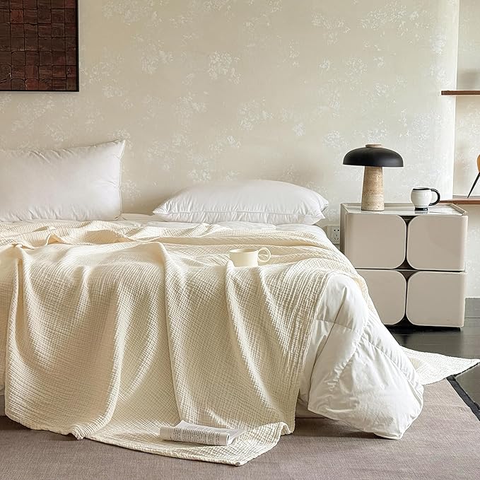 FALUCA Cotton Muslin Reversible Blanket 50x60 Inches for Bed, Couch, Four Layers Blanket, Soft Lightweight Cozy Breathable Farmhouse Decoration for All-Season, Beige