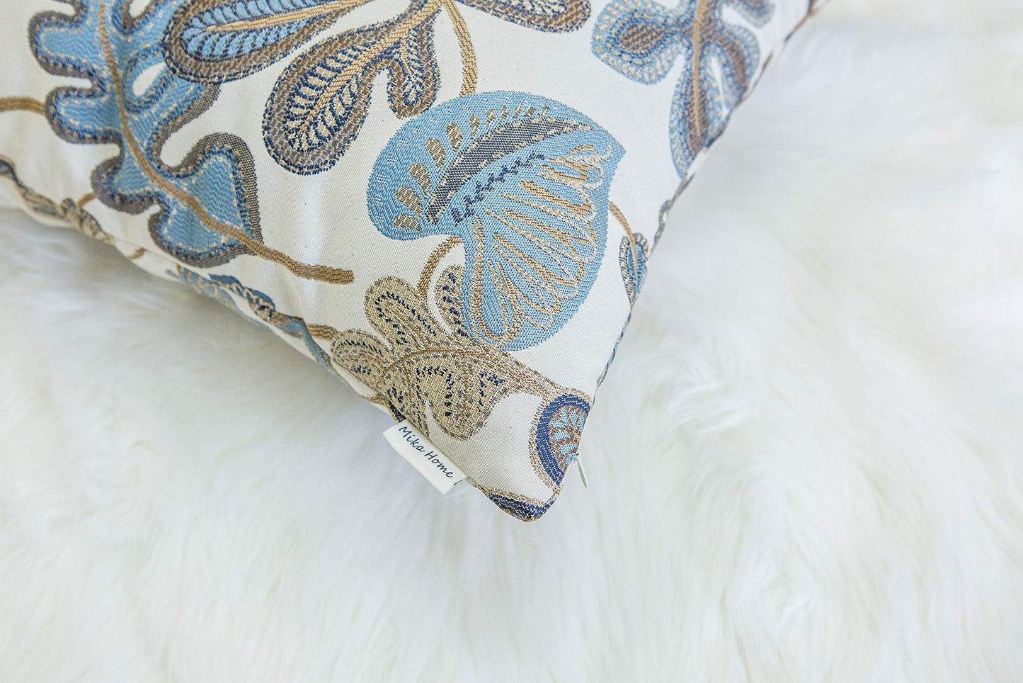 Mika Home Set of 2 Jacquard Tropical Leaf Pattern Oblong Throw Pillow Covers Accent Pillowcase 12X20 Inches,Blue Cream