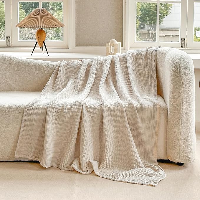 FALUCA Cotton Muslin Reversible Blanket 50x60 Inches for Bed, Couch, Four Layers Blanket, Soft Lightweight Cozy Breathable Farmhouse Decoration for All-Season, Khaki