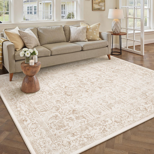 PureCozy Beige Area Rug 5x7 Machine Washable Vintage Living Room Distressed Non Slip Carpet Traditional Indoor Bedroom Retro Floral Accent Throw Large Rug for Office Kitchen Bathroom Dining Room