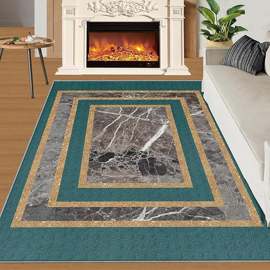 Emerald Green Marble Rug Luxury Teal Marble Area Rug Gilded Geometric Carpet Vintage Stone Crack Carpet for Bedroom Bedside Living Room 8x10ft