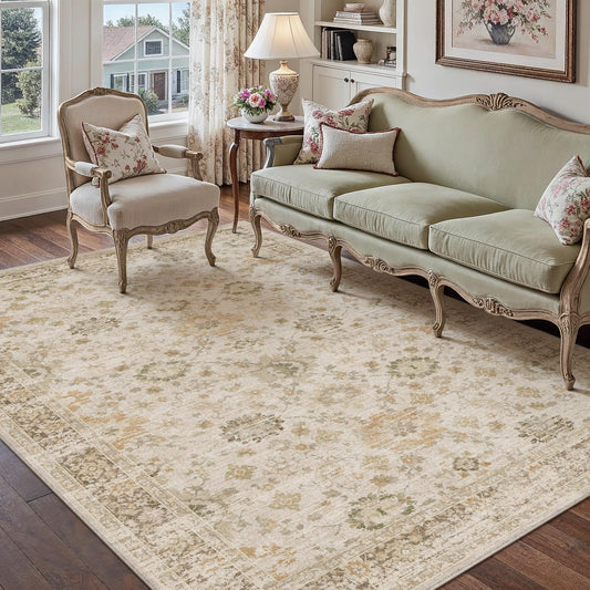 PureCozy Beige 5x7 Area Rug Non Slip Vintage Living Room Distressed Machine Washable Carpet Retro Indoor Bedroom Floral Traditional Accent Throw Rug for Office Kitchen Dorm Dining Room