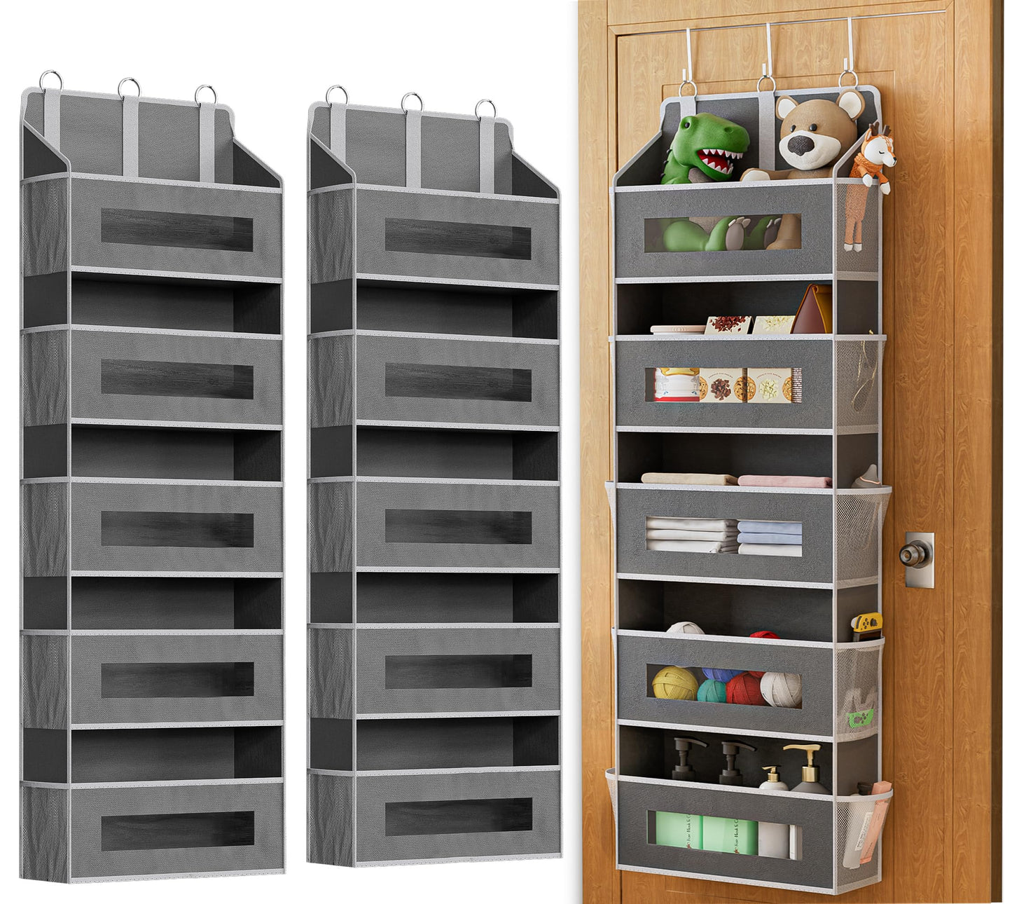 XyVoltic 2 Pack 5 Tier Over The Door Organizer - Large Capacity Behind Door Hanging Shelves with 10 Mesh Pockets and Clear Windows, Closet Organizers and Storage for Bathroom, Bedroom, Nursery, Grey