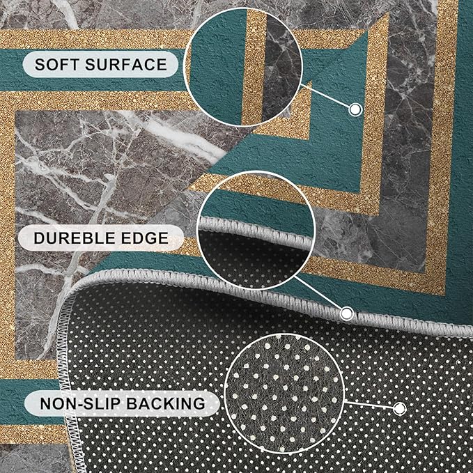 Emerald Green Marble Rug Luxury Teal Marble Area Rug Gilded Geometric Carpet Vintage Stone Crack Carpet for Bedroom Bedside Living Room 8x10ft