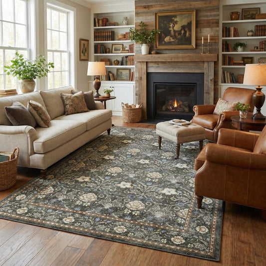 GarveeHome Washable Area Rug 5x7, Retro Floral Low Pile Non Slip Living Room Rug Soft Cottage Core Rug Farmhouse Indoor Carpet for Bedroom Dining Room Playroom