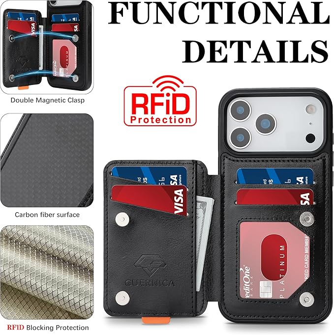 GUERNICA for iPhone 17 Pro Max (6.9") Case Wallet with Card Holder, RFID Blocking Leather Protection, Shockproof Women Men Phone Case for Apple 17 Pro Max, A - Black