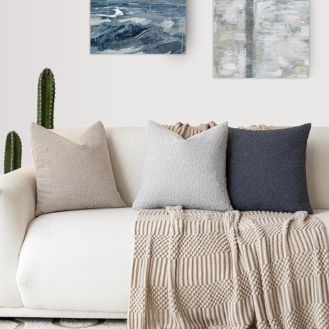 Foindtower Textured Boucle Throw Pillow Covers Accent Solid Pillow Cases Cozy Soft Decorative Couch Cushion Case for Chair Sofa Bedroom Living Room Home Decor, 20 x 20 Inch,Light Grey