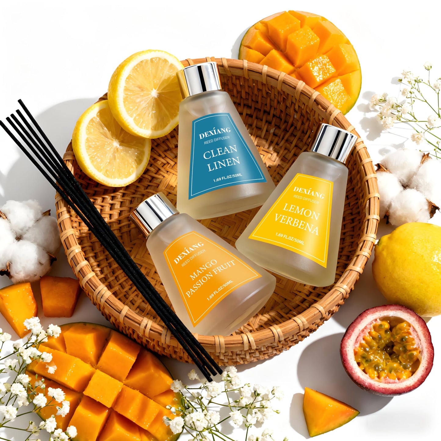 Reed Diffuser Set of 3 Pack, Lemon Verbena/Mango Passion Fruit/Clean Linen Oil Diffuser Reed Diffusers for for Home, Bathroom, Office Decor, 1.7 Fl.oz, Total 5.1Oz