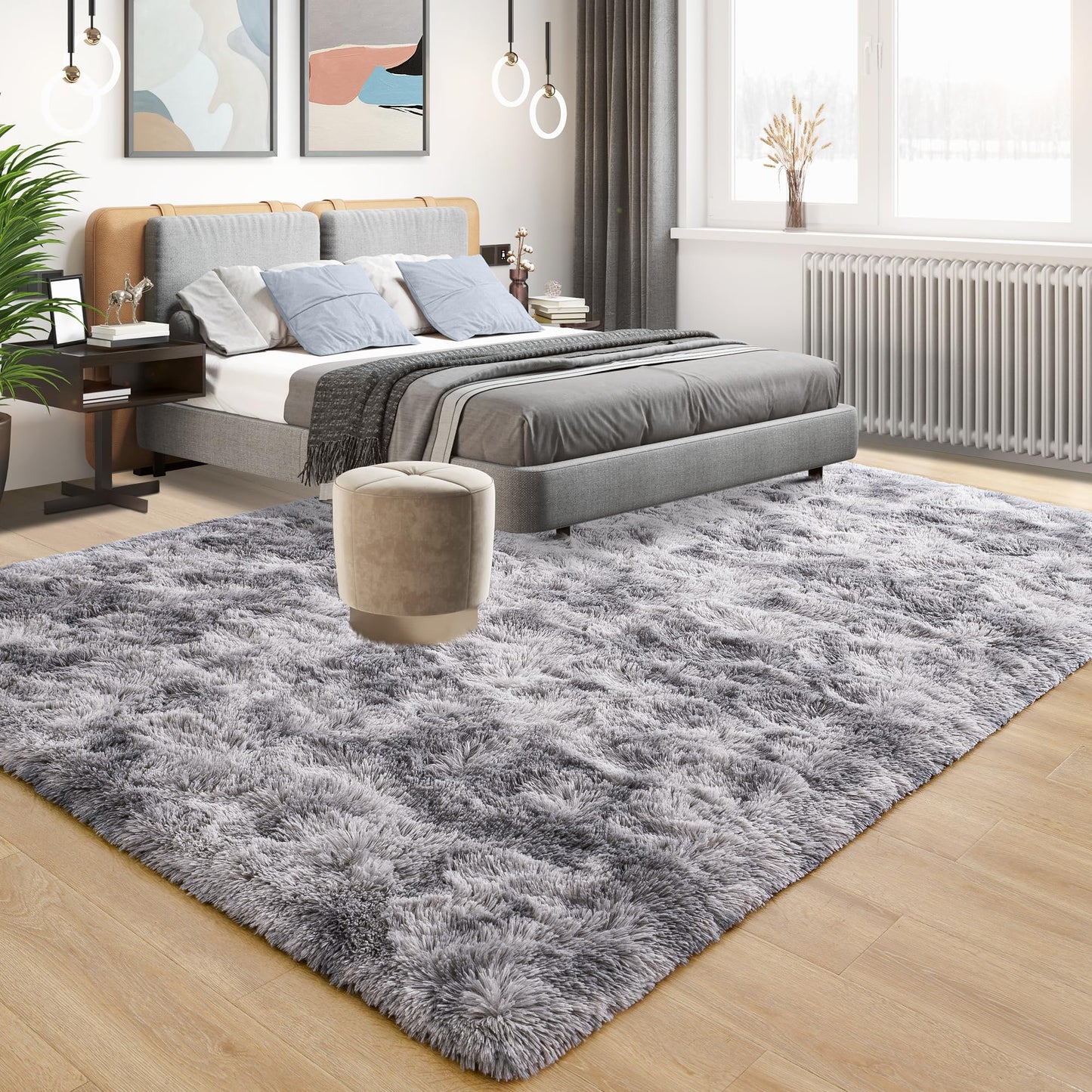Tepook Area Rugs 10x14 for Living Room, Super Soft Fluffy Rugs for Bedroom, Modern Shaggy Rug Fuzzy Carpets for Kids, Plush Indoor Nursery Home Decor Rug with Non-Slip Bottom, Tie-Dyed Light Grey