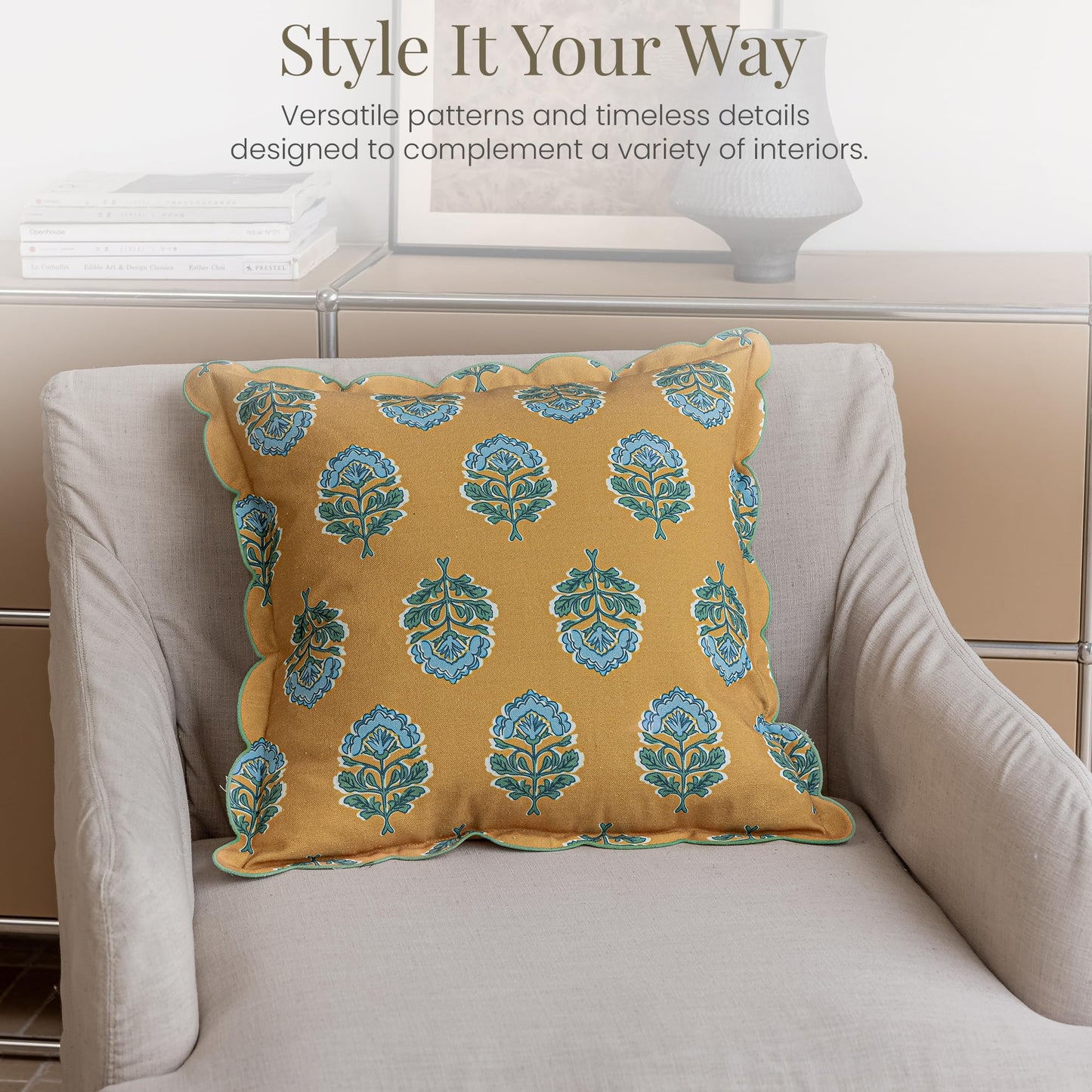 DrapePalette - Scalloped Throw Pillow Covers with Block Print Floral Patterns and Hidden Zipper - Gold Bloom, 20 x 20 Inches Pack of 1 - Soft Indoor Pillow Case for Livingroom, Bedroom, or Lounge