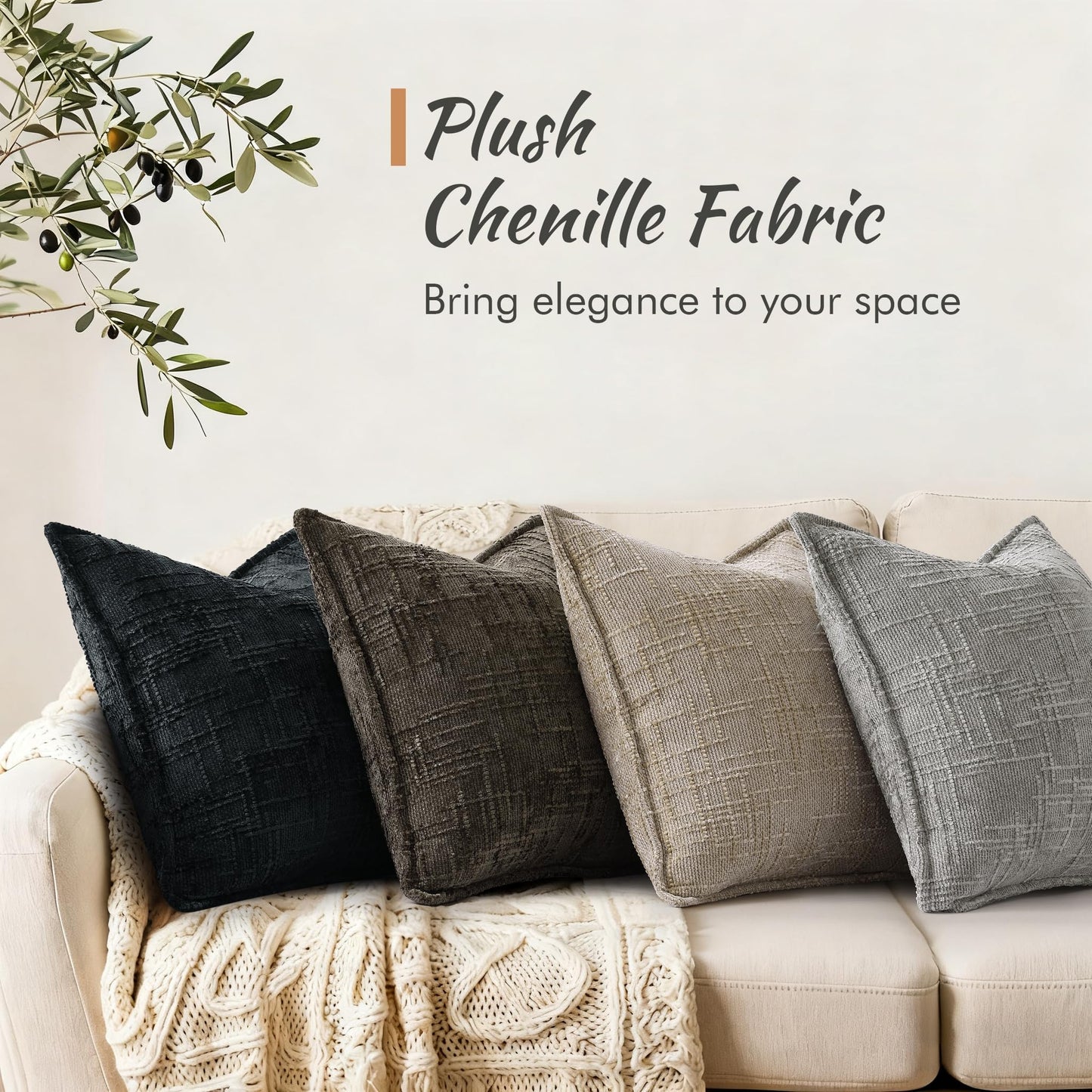 decorUhome Chenille Throw Pillow Covers 26x26 Set of 2, Soft Textured Slubby Modern Decorative Pillow Covers with Elegant Design for Couch, Sofa, Living Room, Black