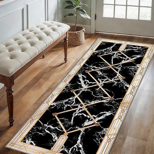 Abstract Marble Texture Throw Carpet Runner for Entrance, 2x7ft, Luxury Gold Geometric Line Bedroom Rug, Dirty Resistant Absorbent Bathroom Decor Washable Area Carpet for Office