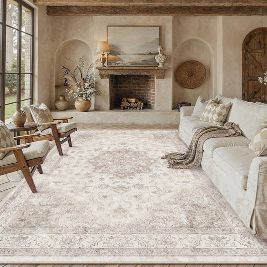 PureCozy Beige Area Rug 8x10 Washable Vintage Carpet for Living Room Bedroom Large Soft Retro Low Pile Thin Indoor Rug Non Slip Oriental Medallion Floor Cover for Dining Room Office