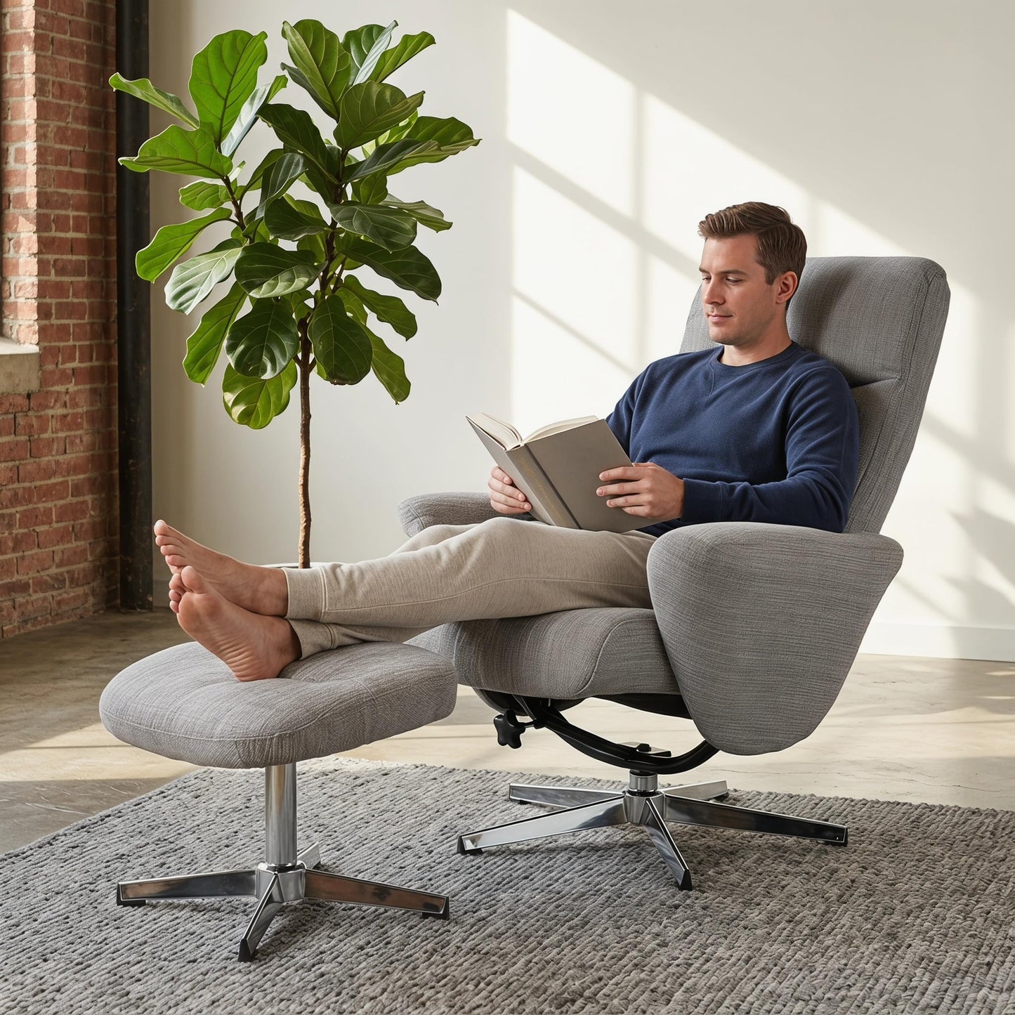 Trygoal Recliner Chair with Ottoman, 360° Swivel Ergonomic Chenille Armchair Reclining with High Back & Wide Armrests, 135° Manual Adjustable Lounge Chair with 4-Point Base for Living Room, Light Grey