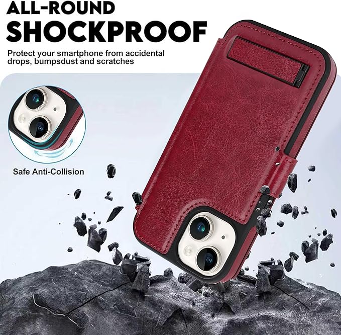 CIVICASE for iPhone 13/iPhone 14 Wallet Case with Stand,PU Leather Flip Credit Card Holder Slots (RFID Blocking),Compatible with Magsafe Magnetic Holder Phone Cover Women Men,Wine Red