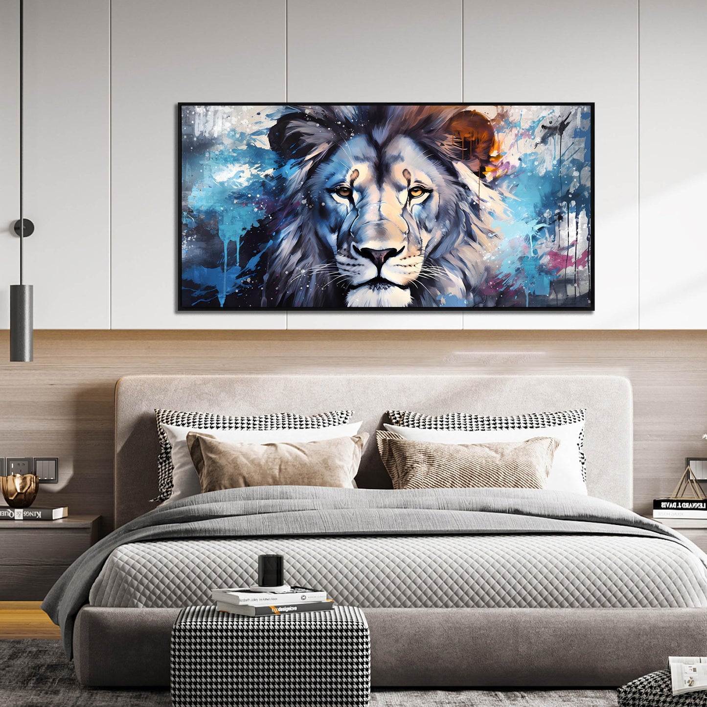 Lion Wall Art for Living Room, Animal Canvas Wall-Decor for Bedroom, Blue Picture Print, Large Size 59x29 Inches Framed