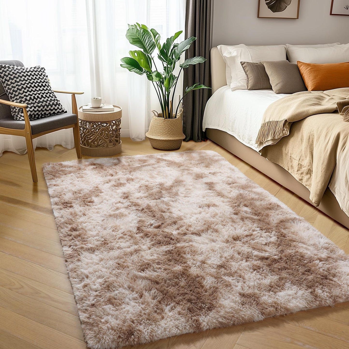 Amdrebio Tie-Dyed Beige Tan Rugs for Bedroom Living Room, Cute Fluffy Plush Neutral Area Rug 4x6 for Kids Room Decor Aesthetic, Soft Furry Fuzzy Shaggy Carpet for Baby Nursery Playroom Preppy Dorm