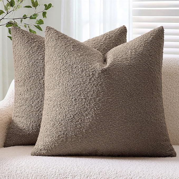 ANRODUO Pack of 2 Textured Boucle Throw Pillow Covers Soft Brown Euro Decorative Accent Solid Pillow Cases Cozy Modern Couch Cushion Case for Chair Sofa Bedroom Living Room Home Decor, 24 x 24 Inch