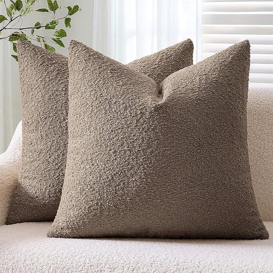 ANRODUO Pack of 2 Textured Boucle Throw Pillow Covers Soft Brown Euro Decorative Accent Solid Pillow Cases Cozy Modern Couch Cushion Case for Chair Sofa Bedroom Living Room Home Decor, 24 x 24 Inch