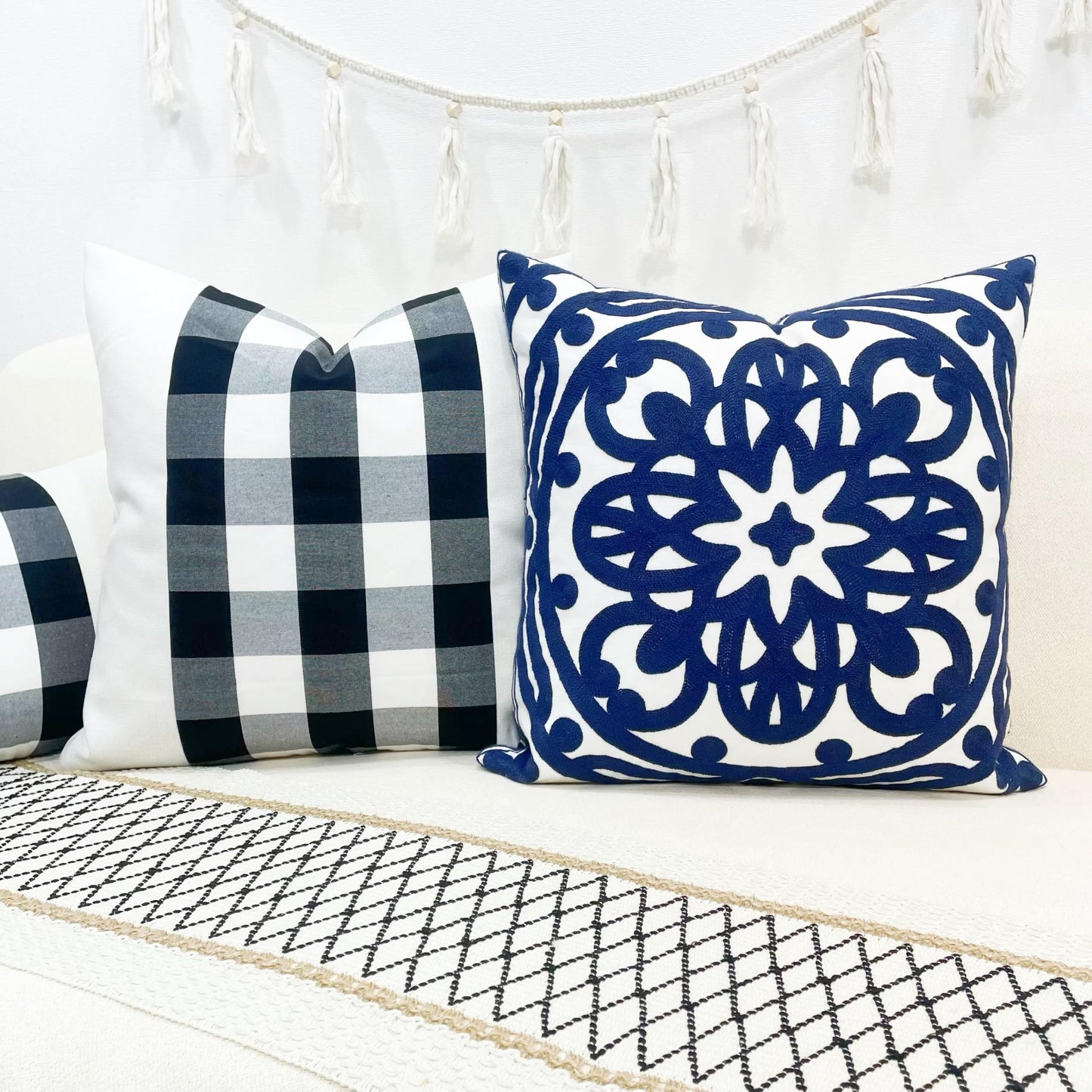 Slow Cow Canvas Embroidered Decorative Throw Pillow Cover Square 18 x18 inches Cozy Boho Mandala Chic Knit Pattern Cushion Cover for Sofa Couch Living Room Bedroom