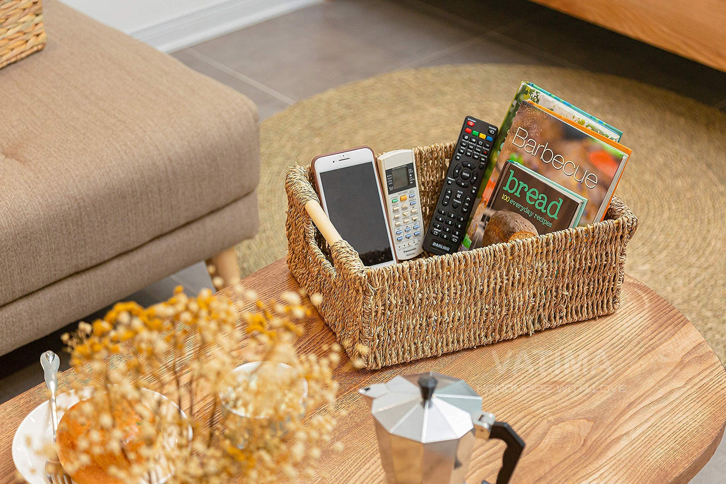 VATIMA Seagrass Baskets with Wooden Handles, Set of 3 Decorative Natural Wicker Baskets for Kitchen