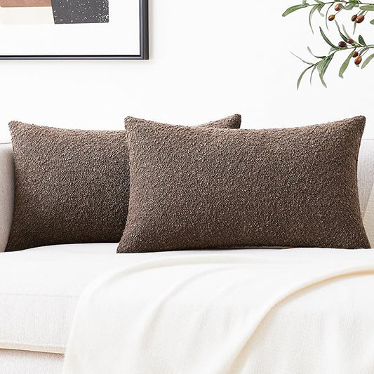 Mixhug Decorative Boucle Throw Pillow Covers, Chocolate Brown, 12 x 20 Inches, Pack of 2 - Textured Boho Pillow Covers for Couch and Bed