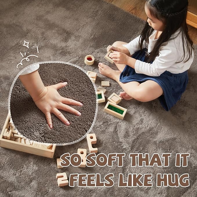 jinchan Solid Plush Area Rug 5x7 Performance Shaggy Washable Rug Indoor Soft Modern Faux Wool Cozy Non Slip Carpet for Living Room Kids Room Bedroom Dining Room Nursery Brown