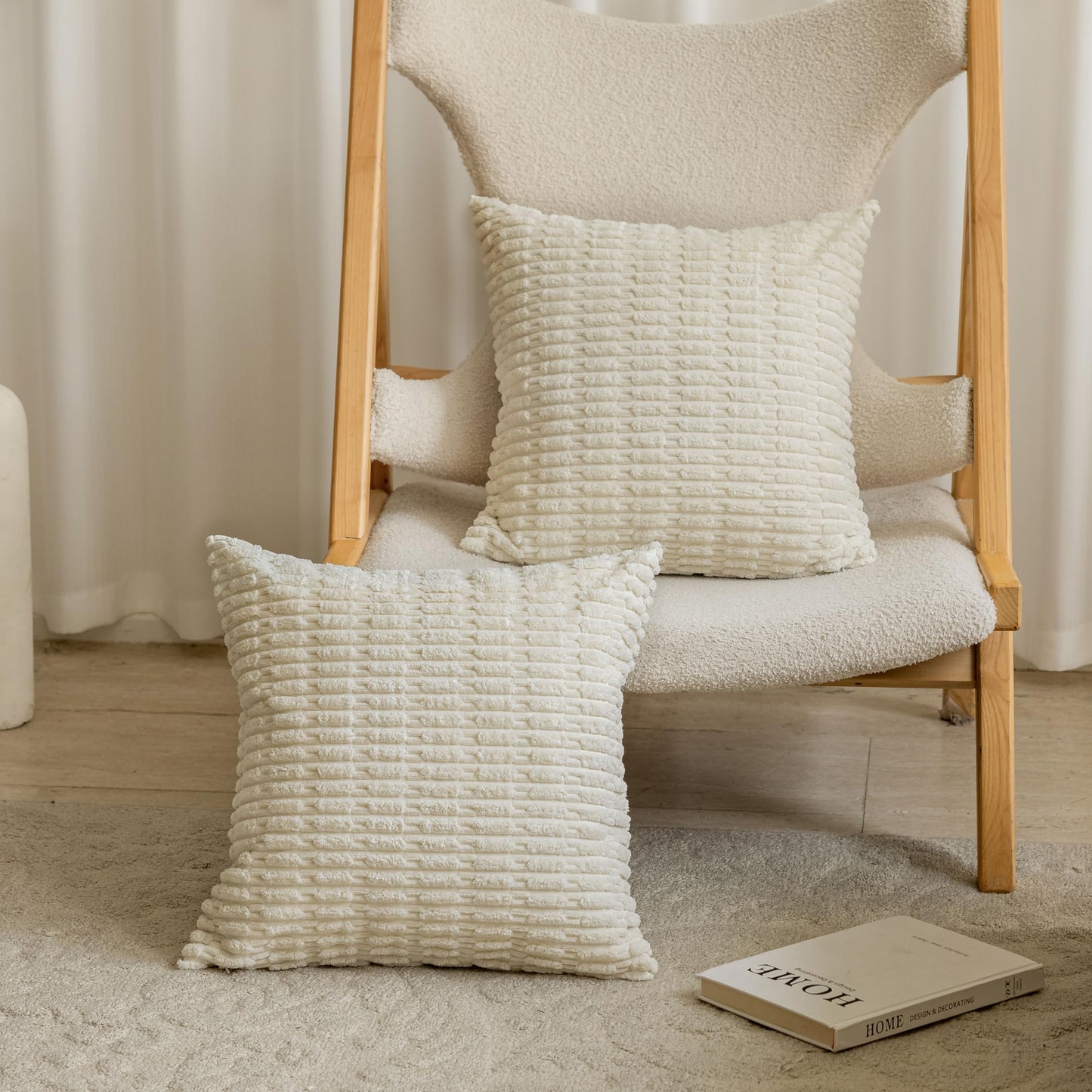 Home Brilliant Pillow Covers 24x24 White Decorative Corduroy Striped Euro Pillow Shams Soft French Cream Plush Pillow Cases for Sofa Bedroom Bed Couch, Set of 2, 24 x 24 inch, Cream