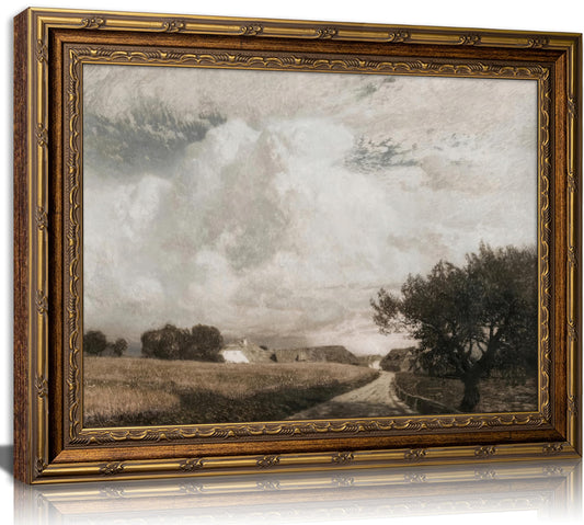 Vintage Gold Framed Farm Wall Art, Country Field Landscape Canvas Print, Moody Cloud Painting Picture, Rustic Farmhouse Wall Decor Artwork for Living Room Office Bedroom 16x24 inch 9x11 inch