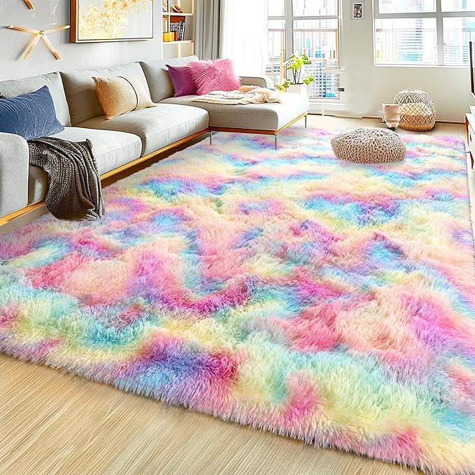 Ultra Fluffy Area Rugs for Living Room Bedroom, 6x9 Fuzzy Large Living Room Rugs, Thick Shag Rug for Dorm, Soft Non Slip Kids Girls Boys Rug for Home Decor Aesthetic, Rainbow