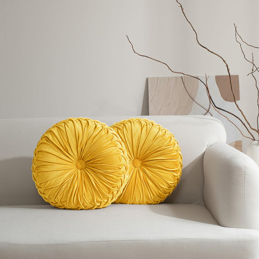 HIG Set of 2 Yellow Ruched Velvet Round Throw Pillows – 14.5’’ Decorative Pillows with Soft Polyester Filling for Couch, Bed, Living Room, Bedroom, or Dorm – Handmade, Stress Relieving, All-Season
