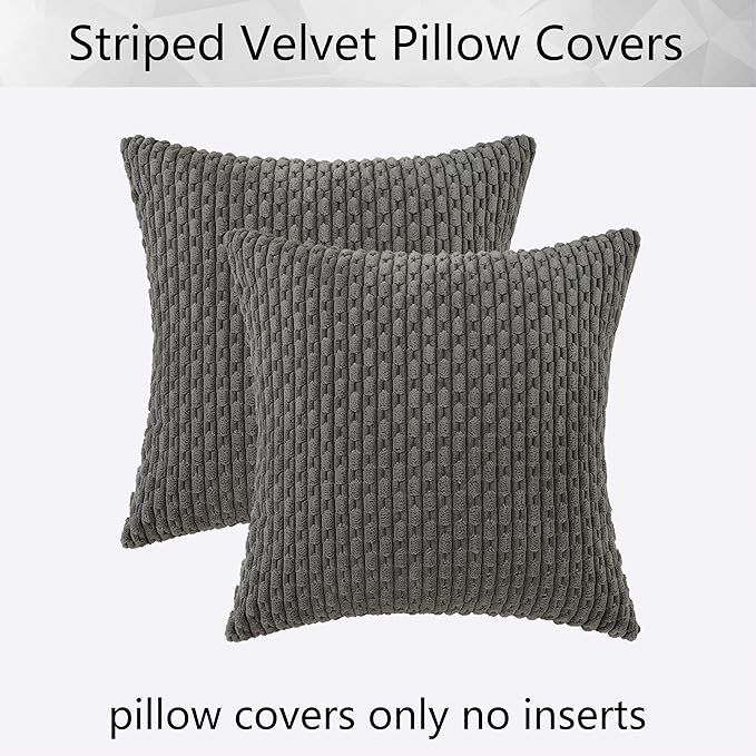 Kevin Textile 2 Packs Dark Grey Decorative Throw Pillow Covers 26x26 Inch for Living Room Couch Bed Sofa Rustic Farmhouse Boho Home Decor Soft Striped Corduroy Square Cushion Case 66x66 cm