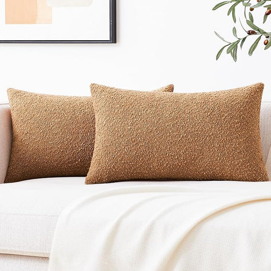 Mixhug Decorative Boucle Throw Pillow Covers, Tobacco Brown, 12 x 20 Inches, Pack of 2 - Textured Boho Pillow Covers for Couch and Bed