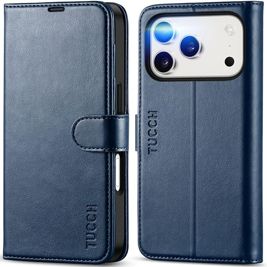 TUCCH Case Wallet for iPhone 17 Pro (6.3") 2025, Stand, RFID Blocking, 4 Card Holder, TPU Shockproof Inner Shell, PU Leather, Magnetic Closure Folio Protective Cover, Dark Blue