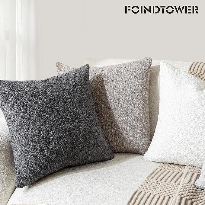 Foindtower Textured Boucle Throw Pillow Covers Accent Solid Pillow Cases Cozy Soft Decorative Couch Cushion Case for Chair Sofa Bedroom Living Room Home Decor, 20 x 20 Inch,Neutral Grey