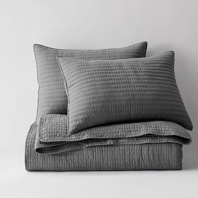WDCOZY 100% Cotton Queen Size Quilt Set - Grey Striped Pick Stitch Soft Lightweight Bedspread, Textured Like Linen, Farmhouse Country Rustic Coverlet, Shabby Chic Gauze Bedding, 3 Pieces