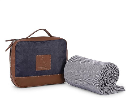 Threadmill Travel Blanket Cotton Viscose from Bamboo for Airplane, Premium Soft Throw Blanket with Blue Leather Bag (Grey Color) Compact & Portable Large Blanket for Travel, Car, Picnic & Camping