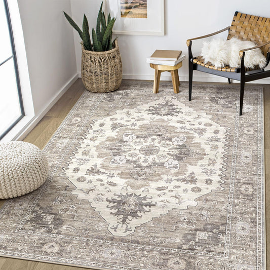 EIEIHOUSE Washable Area Rugs for Living Room - 5x7 Neutral Vintage Distressed Floral Farmhouse Boho Large Soft Floor Rug Indoor Non Slip Carpet for Living Room Bedroom Dining Room Office -Brown/Beige