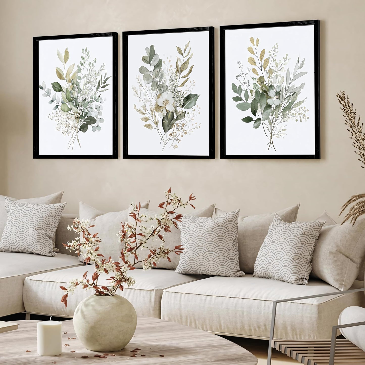 tgguytiy Sage Green Botanical Wall Art Set of 3, Eucalyptus Leaf Boho Plant Posters for Bedroom Living Room Bathroom Decor, 12x16 Inch Unframed Prints