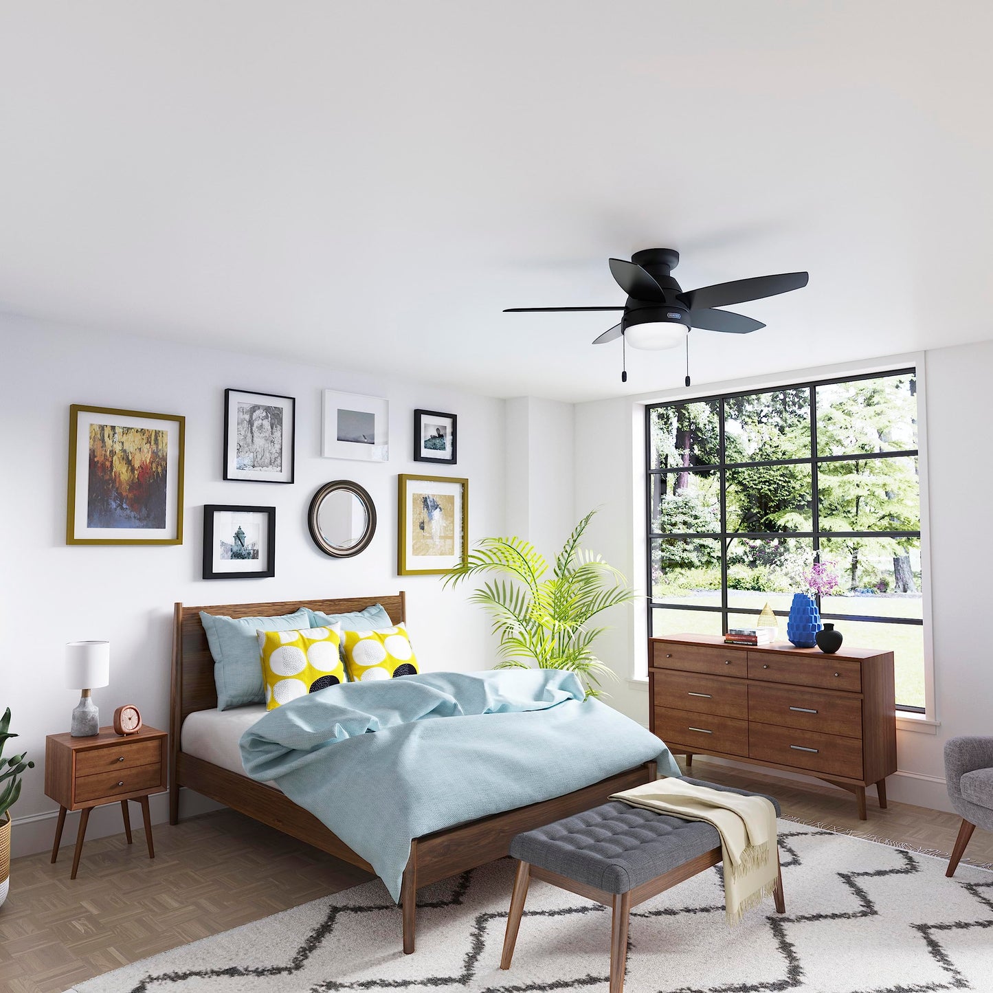 Hunter 44 inch Indoor Ceiling Fan with LED Light - Black Ceiling Fan with Pull Chain, For Bedroom, Living Room, or Kitchen, Low Profile Mount, No Remote, 5 Blades - Lilliana 52613, Matte Black